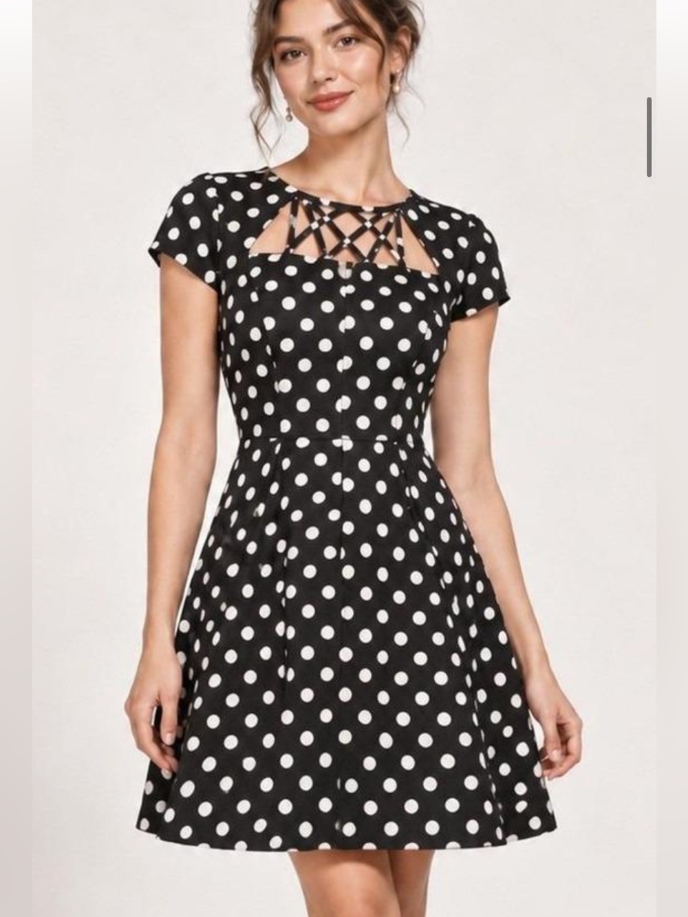 Maeve Black and White Polka Dot Fit-and-Flare Dress cutout